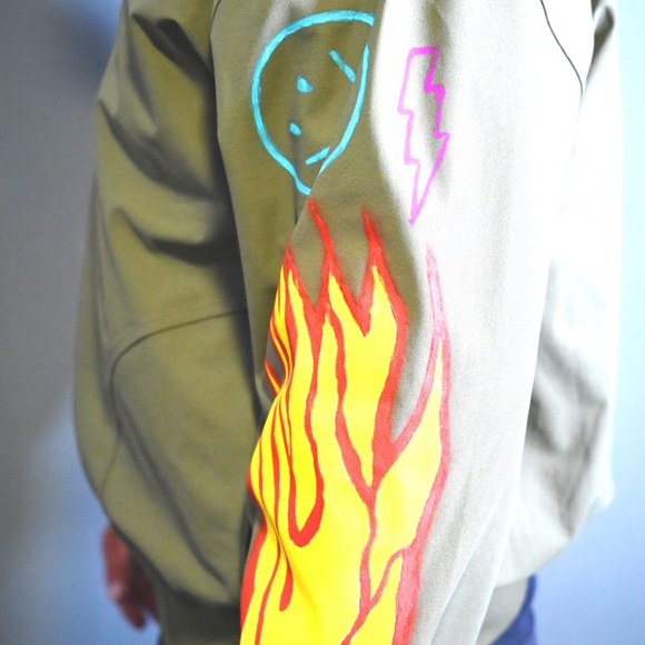 Hand-Painted Army Green Bomber Jacket - Picture 4 of 5